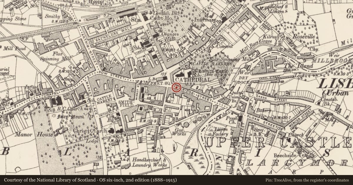 Ordnance Survey six-inch map, 2nd edition (1888–1915) covering the location of The Hat Shop, Old Warren, Lisburn and Castlereagh, with a pin at the register's coordinates