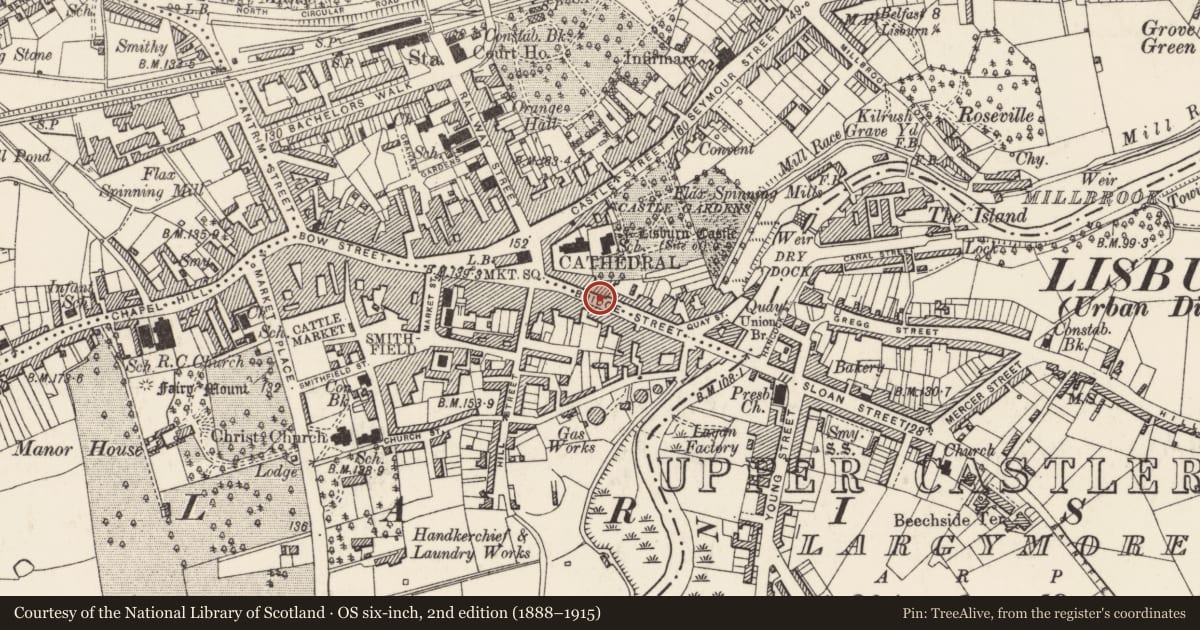Ordnance Survey six-inch map, 2nd edition (1888–1915) covering the location of 30 Bridge Street, Old Warren, Lisburn and Castlereagh, with a pin at the register's coordinates