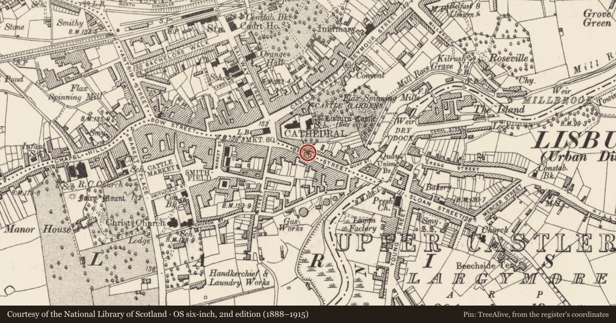 Ordnance Survey six-inch map, 2nd edition (1888–1915) covering the location of The Tavern, Old Warren, Lisburn and Castlereagh, with a pin at the register's coordinates