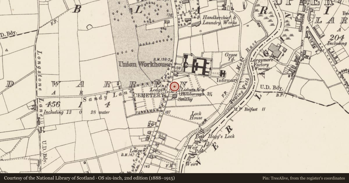 Ordnance Survey six-inch map, 2nd edition (1888–1915) covering the location of Milestone, Old Warren, Lisburn and Castlereagh, with a pin at the register's coordinates