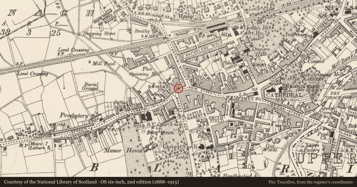 Ordnance Survey six-inch map, 2nd edition (1888–1915) covering the location of 68 Bow Street, Old Warren/Tonagh, Lisburn and Castlereagh, with a pin at the register's coordinates