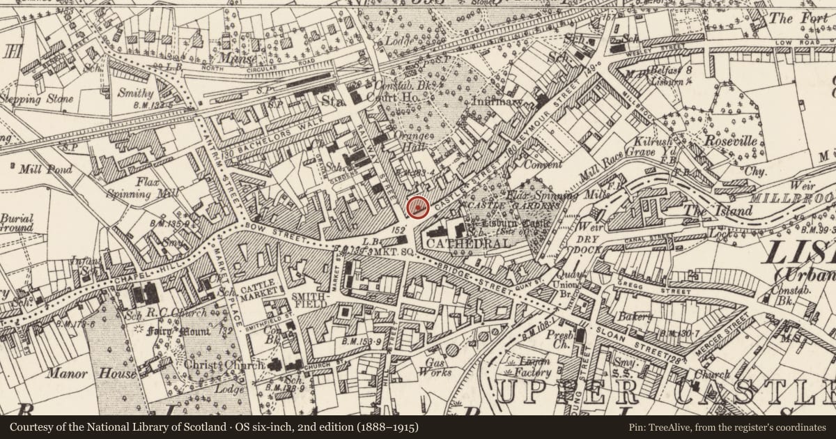 Ordnance Survey six-inch map, 2nd edition (1888–1915) covering the location of Castle Buildings, Lisnagarvy, Lisburn and Castlereagh, with a pin at the register's coordinates