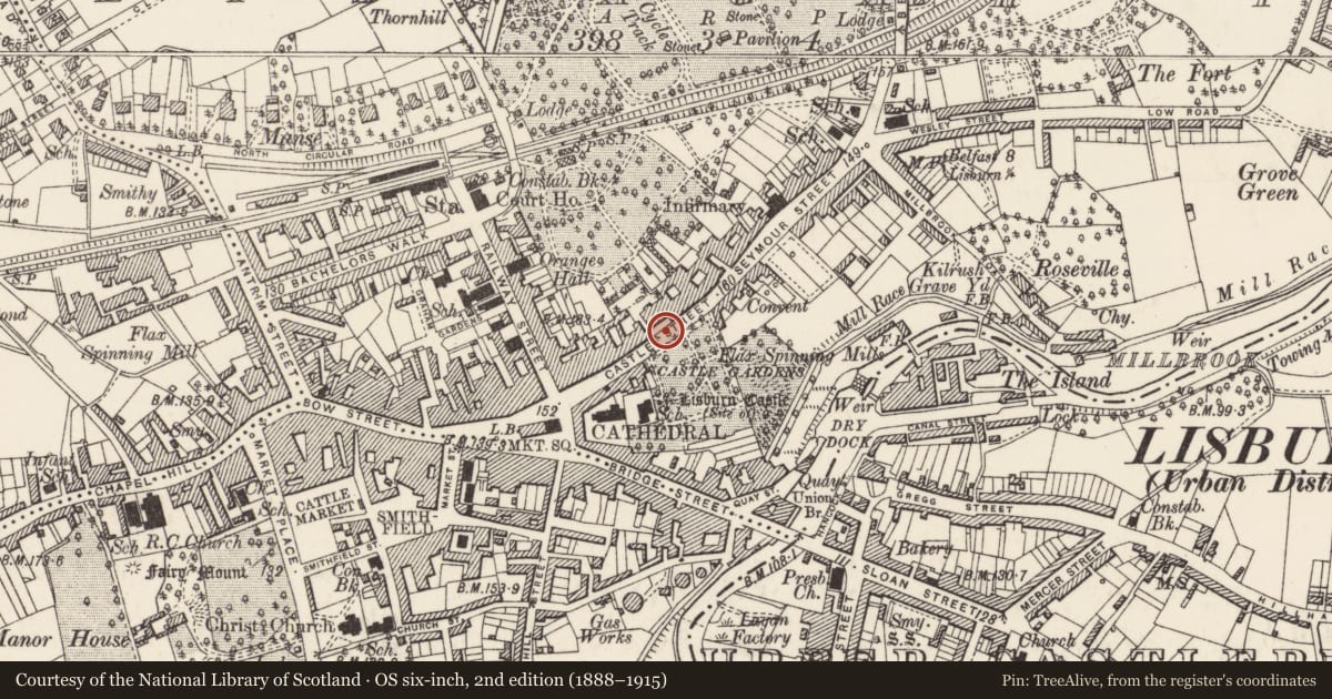 Ordnance Survey six-inch map, 2nd edition (1888–1915) covering the location of 33 Castle Street, Lisnagarvy, Lisburn and Castlereagh, with a pin at the register's coordinates