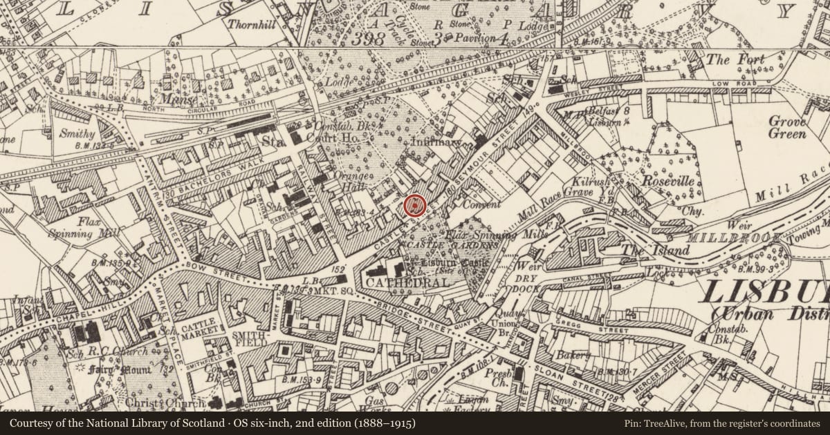 Ordnance Survey six-inch map, 2nd edition (1888–1915) covering the location of 35 Castle Street, Lisnagarvy, Lisburn and Castlereagh, with a pin at the register's coordinates