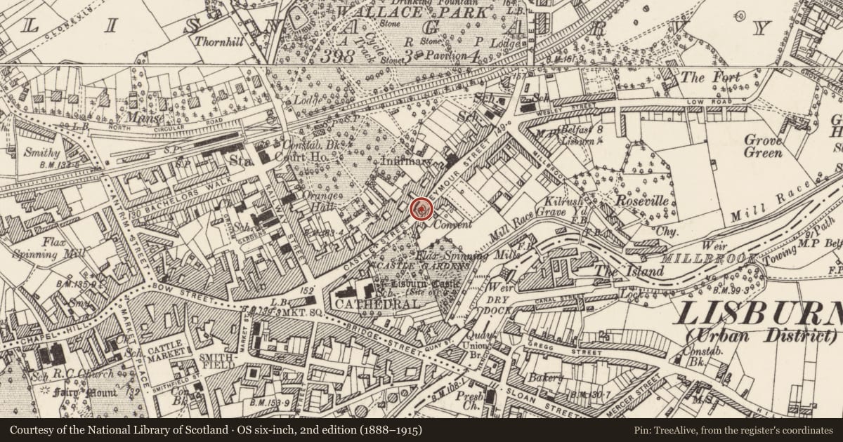 Ordnance Survey six-inch map, 2nd edition (1888–1915) covering the location of 41 Castle St., Lisburn and Castlereagh, with a pin at the register's coordinates