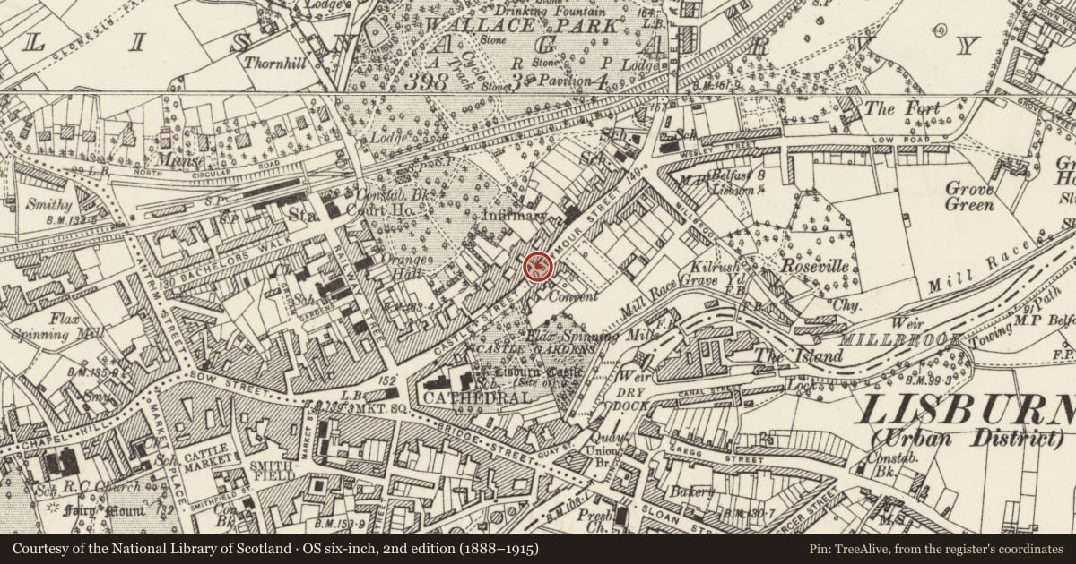 Ordnance Survey six-inch map, 2nd edition (1888–1915) covering the location of 43 Castle St., Lisburn and Castlereagh, with a pin at the register's coordinates
