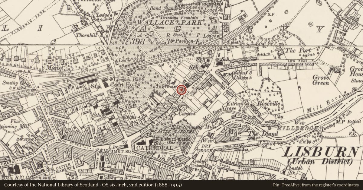 Ordnance Survey six-inch map, 2nd edition (1888–1915) covering the location of 7a Seymour Street, Lisburn and Castlereagh, with a pin at the register's coordinates