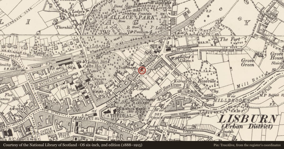 Ordnance Survey six-inch map, 2nd edition (1888–1915) covering the location of 9 Seymour Street, Lisburn and Castlereagh, with a pin at the register's coordinates