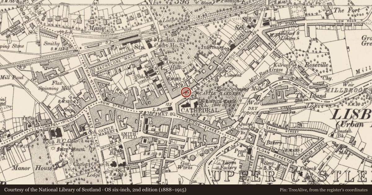 Ordnance Survey six-inch map, 2nd edition (1888–1915) covering the location of 11 & 13 Seymour Street, Lisburn and Castlereagh, with a pin at the register's coordinates