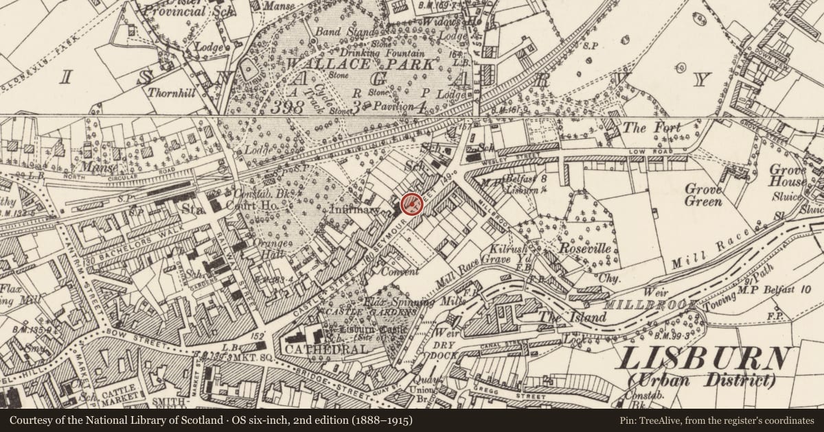 Ordnance Survey six-inch map, 2nd edition (1888–1915) covering the location of 15-17 Seymour Street, Lisnagarvy, Lisburn and Castlereagh, with a pin at the register's coordinates