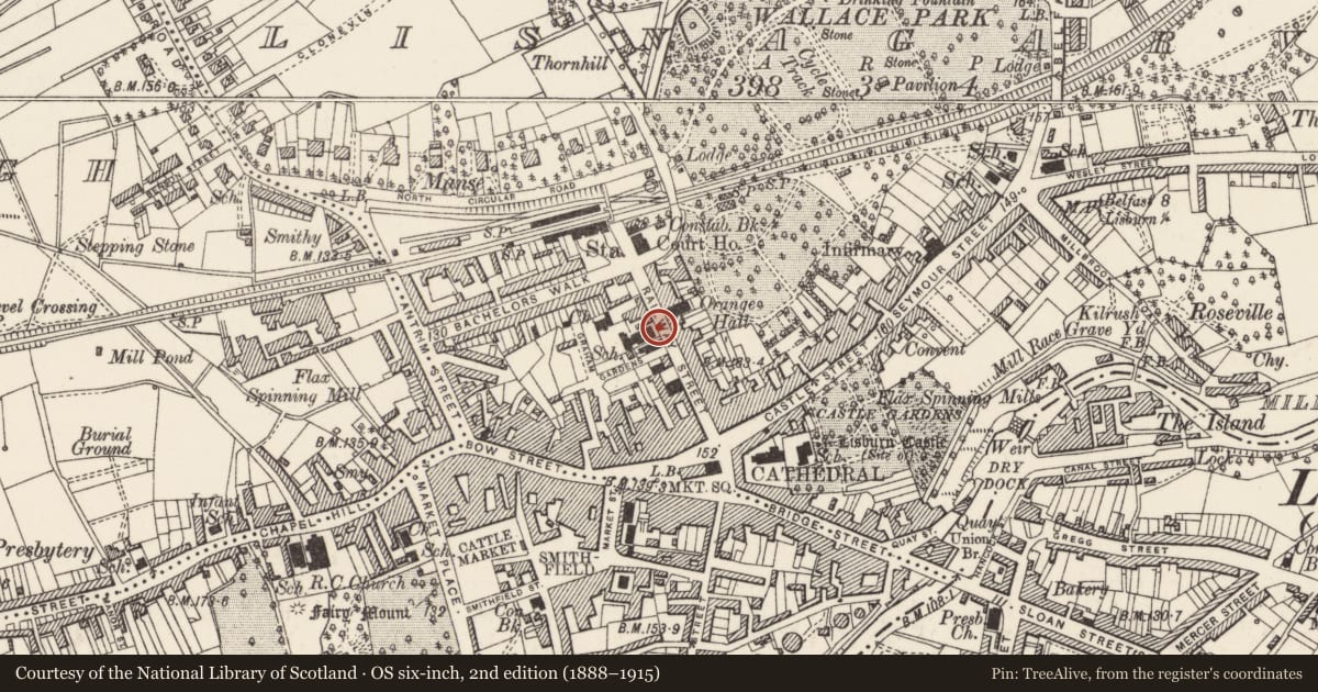 Ordnance Survey six-inch map, 2nd edition (1888–1915) covering the location of Railway Street Presbyterian Church, Lisnagarvy, Lisburn and Castlereagh, with a pin at the register's coordinates