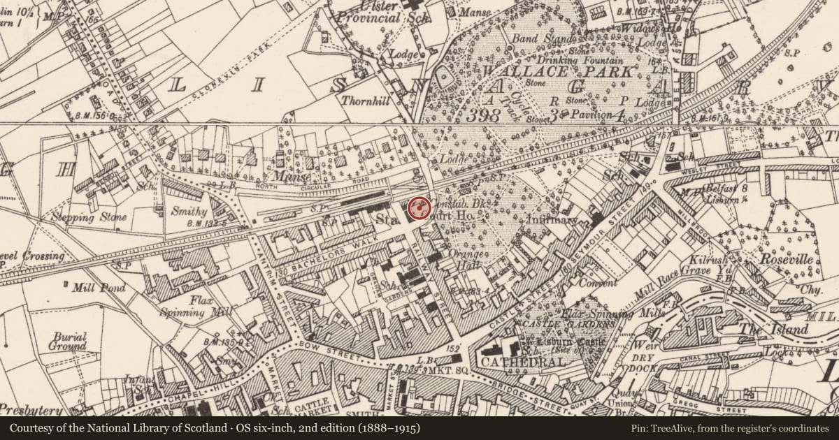 Ordnance Survey six-inch map, 2nd edition (1888–1915) covering the location of The Courthouse, Lisburn and Castlereagh, with a pin at the register's coordinates
