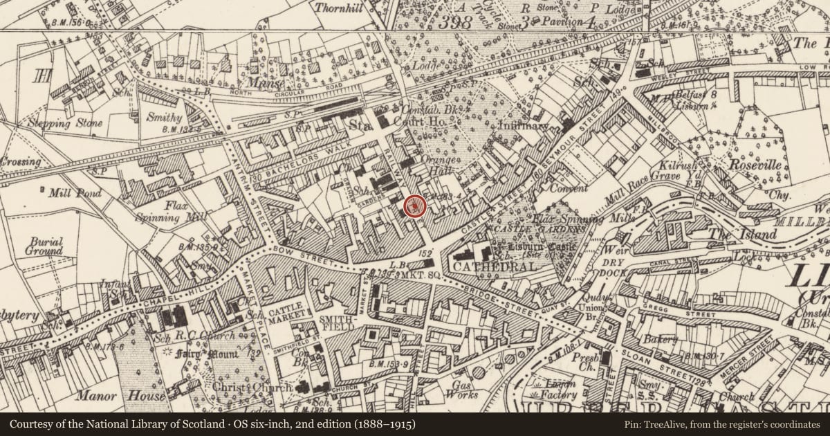 Ordnance Survey six-inch map, 2nd edition (1888–1915) covering the location of Success NI, Lisnagarvy, Lisburn and Castlereagh, with a pin at the register's coordinates