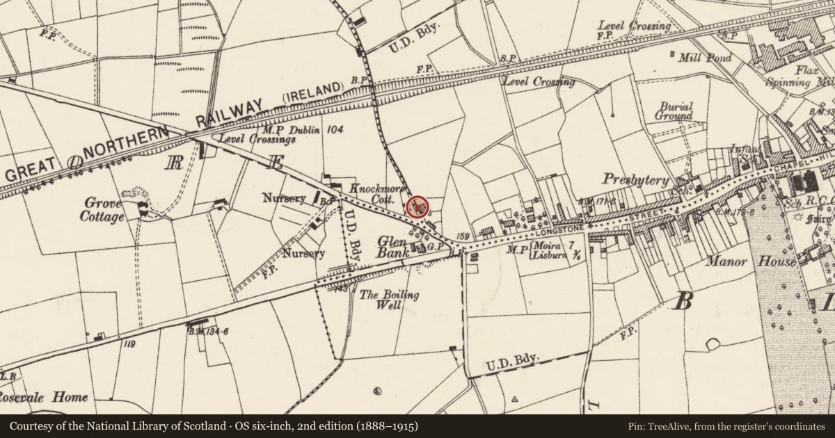 Ordnance Survey six-inch map, 2nd edition (1888–1915) covering the location of 20 Ballinderry Road, Lisburn and Castlereagh, with a pin at the register's coordinates