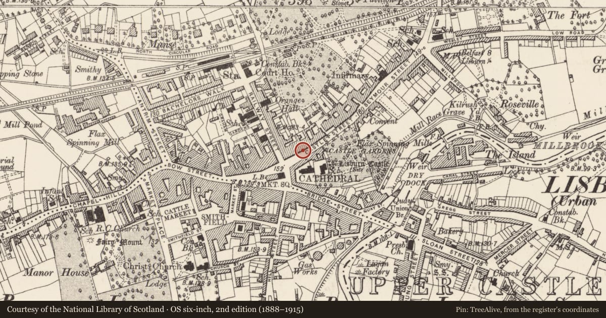 Ordnance Survey six-inch map, 2nd edition (1888–1915) covering the location of 11 Castle St., Lisburn and Castlereagh, with a pin at the register's coordinates