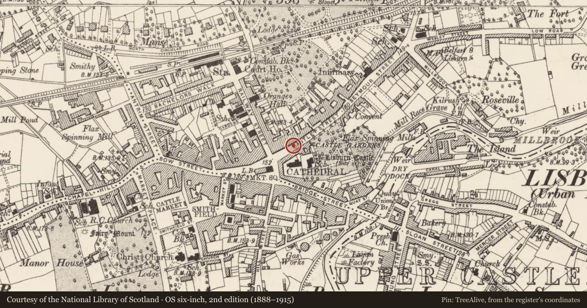 Ordnance Survey six-inch map, 2nd edition (1888–1915) covering the location of Plaque, Lisburn and Castlereagh, with a pin at the register's coordinates