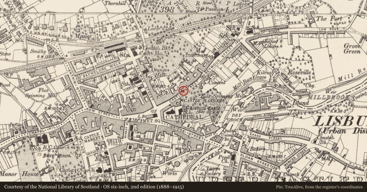 Ordnance Survey six-inch map, 2nd edition (1888–1915) covering the location of D.U.P. Constituency Office, Lisnagarvy, Lisburn and Castlereagh, with a pin at the register's coordinates