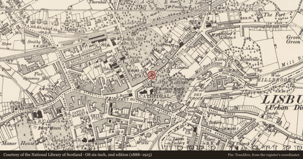 Ordnance Survey six-inch map, 2nd edition (1888–1915) covering the location of 27 Castle Street, Lisnagarvy, Lisburn and Castlereagh, with a pin at the register's coordinates