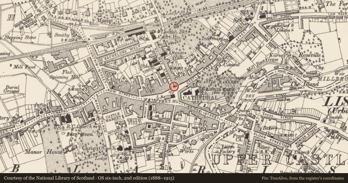 Ordnance Survey six-inch map, 2nd edition (1888–1915) covering the location of Shannon's Jewellers, Lisnagary, Lisburn and Castlereagh, with a pin at the register's coordinates