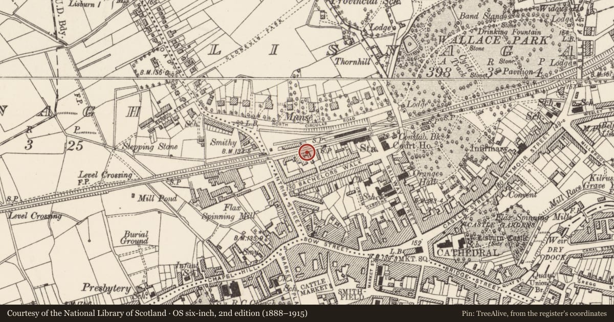 Ordnance Survey six-inch map, 2nd edition (1888–1915) covering the location of Industrial Chimney, Lisburn and Castlereagh, with a pin at the register's coordinates