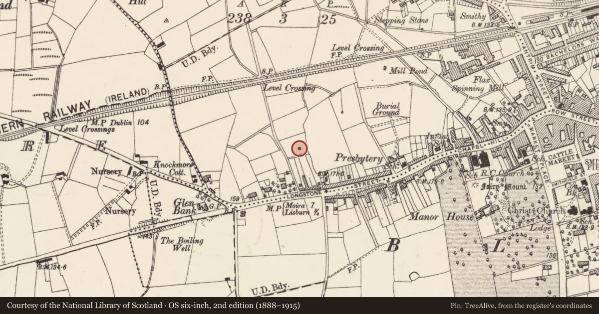 Ordnance Survey six-inch map, 2nd edition (1888–1915) covering the location of Tonagh Drive, Lisburn and Castlereagh, with a pin at the register's coordinates