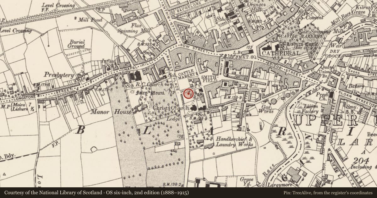 Ordnance Survey six-inch map, 2nd edition (1888–1915) covering the location of P.S.A Building, Lisburn and Castlereagh, with a pin at the register's coordinates