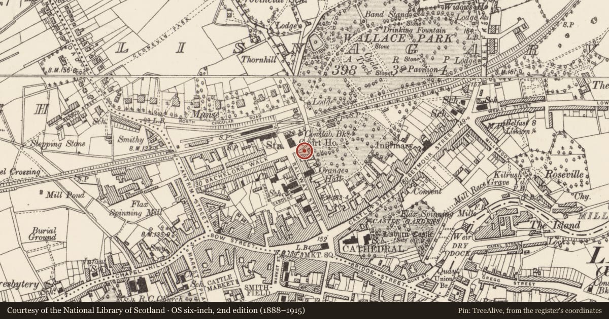 Ordnance Survey six-inch map, 2nd edition (1888–1915) covering the location of Bridge Community Centre, Lisnagarvy, Lisburn and Castlereagh, with a pin at the register's coordinates