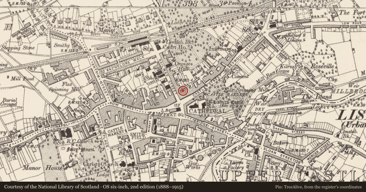 Ordnance Survey six-inch map, 2nd edition (1888–1915) covering the location of 4-6 Railway Street, Lisnagarvy, Lisburn and Castlereagh, with a pin at the register's coordinates