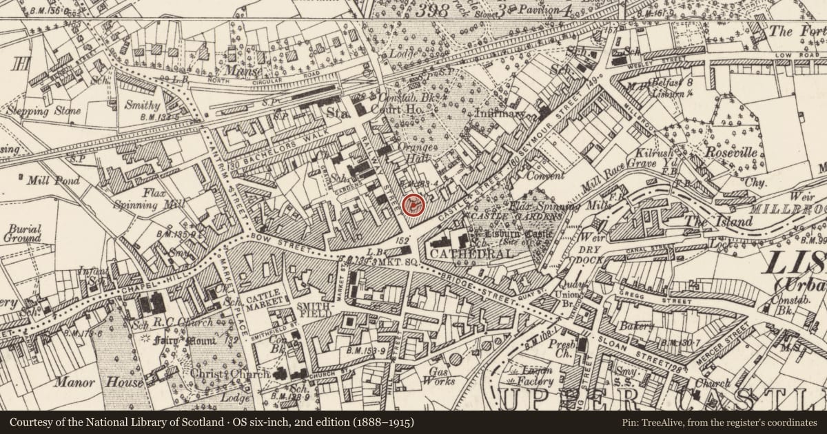 Ordnance Survey six-inch map, 2nd edition (1888–1915) covering the location of Cycle Zone, 8 Railway Street, Lisburn, Co Antrim BT28 1XG, Lisnagarvy, Lisburn and Castlereagh, with a pin at the register's coordinates