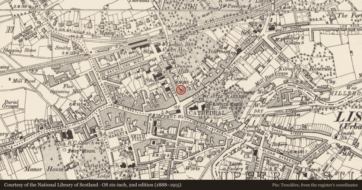 Ordnance Survey six-inch map, 2nd edition (1888–1915) covering the location of McAlpine Estate Agents, Lisnagarvy, Lisburn and Castlereagh, with a pin at the register's coordinates
