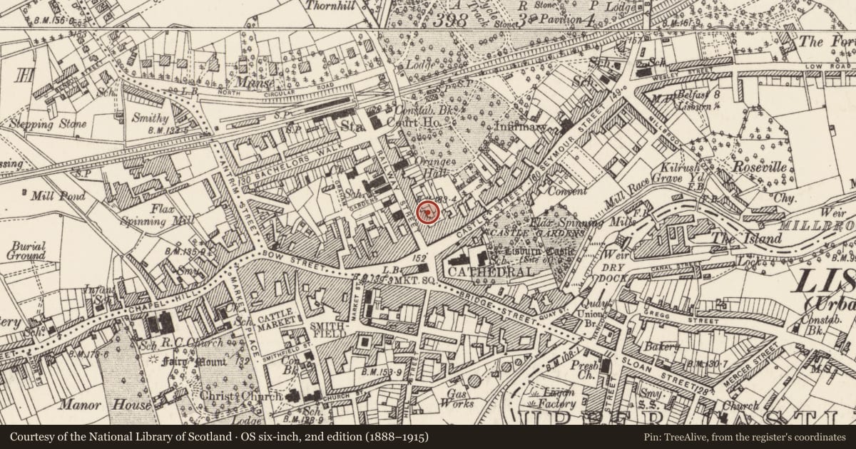 Ordnance Survey six-inch map, 2nd edition (1888–1915) covering the location of Debonair Formal Hire, Lisnagarvy, Lisburn and Castlereagh, with a pin at the register's coordinates