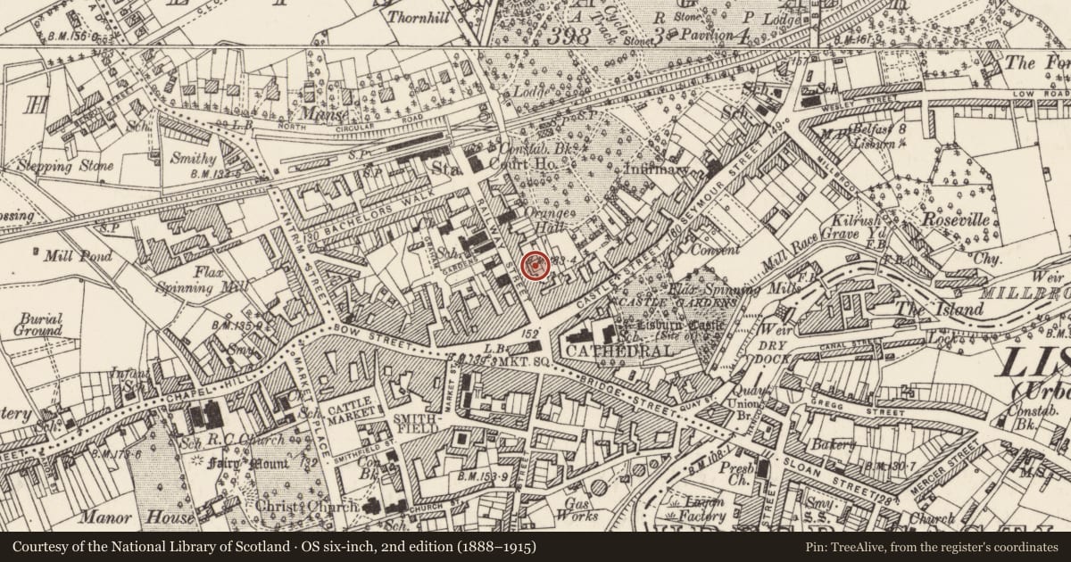 Ordnance Survey six-inch map, 2nd edition (1888–1915) covering the location of JKB Financial Partnership, Lisnagarvy, Lisburn and Castlereagh, with a pin at the register's coordinates