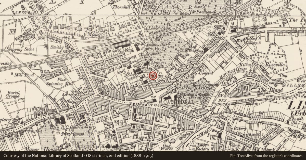 Ordnance Survey six-inch map, 2nd edition (1888–1915) covering the location of Kenneth McKee Solicitors, Lisnagarvy, Lisburn and Castlereagh, with a pin at the register's coordinates