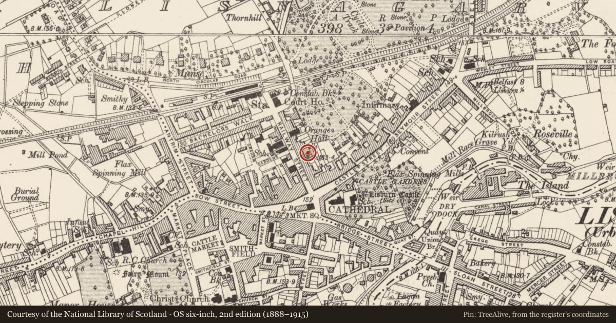 Ordnance Survey six-inch map, 2nd edition (1888–1915) covering the location of Coiffeur Salon, Lisnagarvy, Lisburn and Castlereagh, with a pin at the register's coordinates