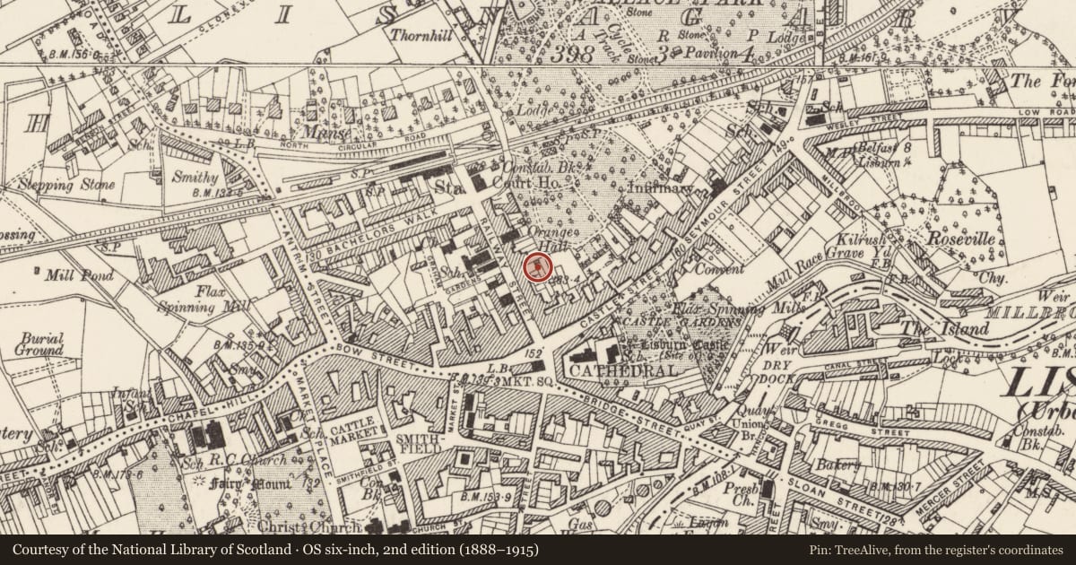 Ordnance Survey six-inch map, 2nd edition (1888–1915) covering the location of 24 Railway Street, Lisnagarvey, Lisburn and Castlereagh, with a pin at the register's coordinates