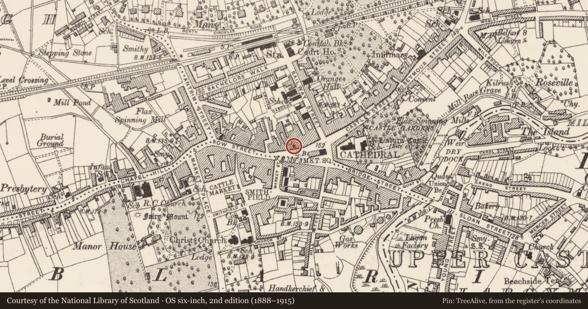 Ordnance Survey six-inch map, 2nd edition (1888–1915) covering the location of Daltons, Old Warren, Lisburn and Castlereagh, with a pin at the register's coordinates