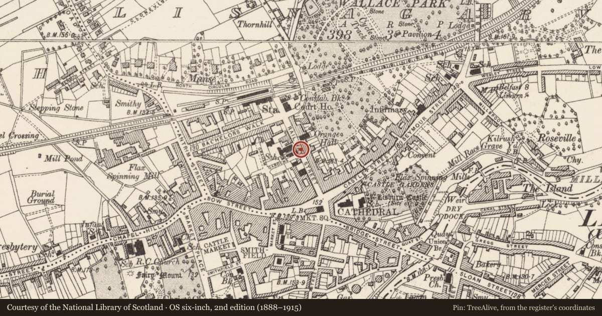 Ordnance Survey six-inch map, 2nd edition (1888–1915) covering the location of Exodus, Lisnagarvy, Lisburn and Castlereagh, with a pin at the register's coordinates