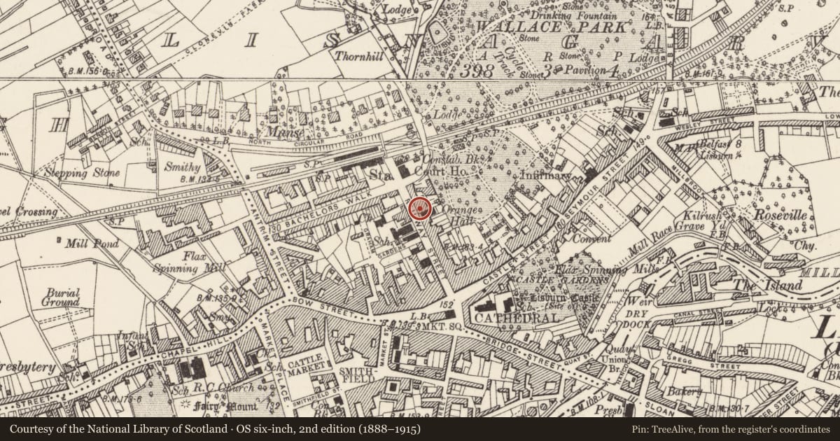 Ordnance Survey six-inch map, 2nd edition (1888–1915) covering the location of Spiritus Beauty, Lisnagarvy, Lisburn and Castlereagh, with a pin at the register's coordinates