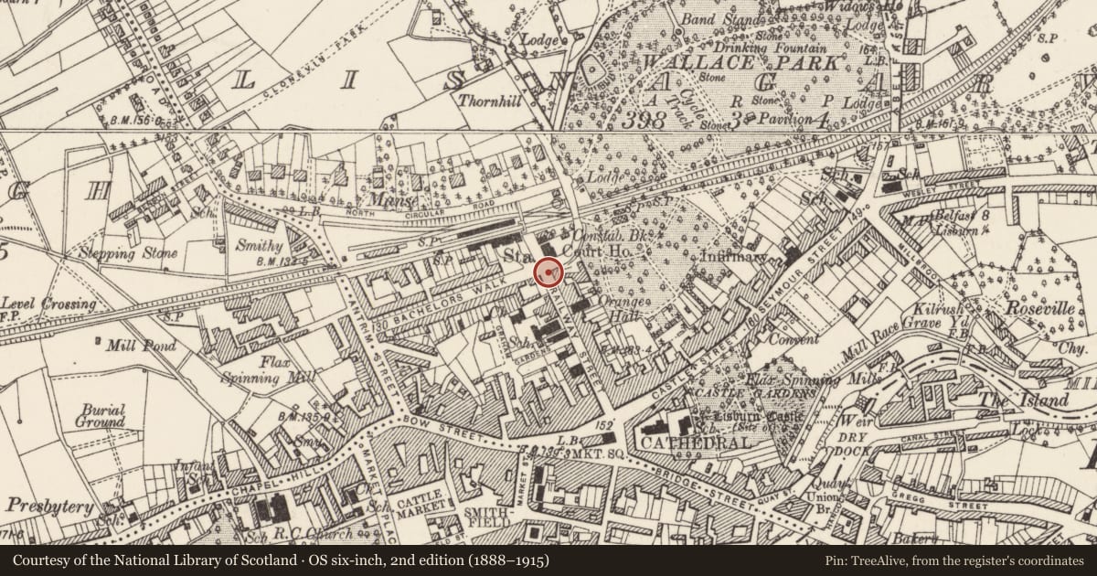 Ordnance Survey six-inch map, 2nd edition (1888–1915) covering the location of 41 Railway Street/2 Bachelor's Walk, Lisnagarvy, Lisburn and Castlereagh, with a pin at the register's coordinates