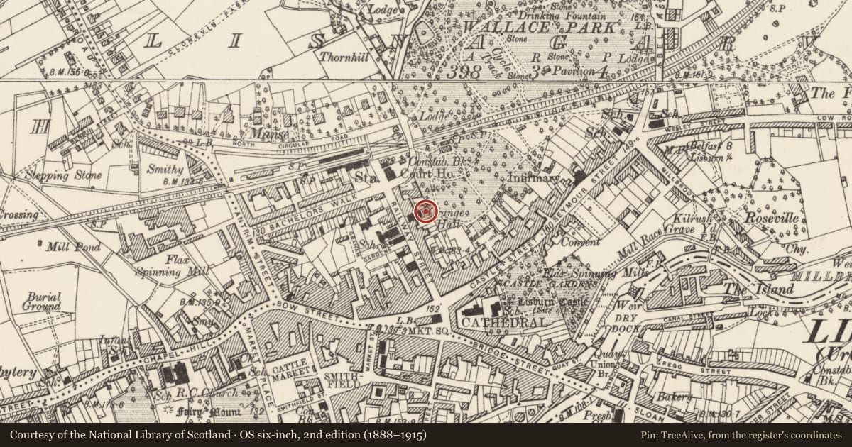 Ordnance Survey six-inch map, 2nd edition (1888–1915) covering the location of Orange Hall, Lisnagarvy, Lisburn and Castlereagh, with a pin at the register's coordinates