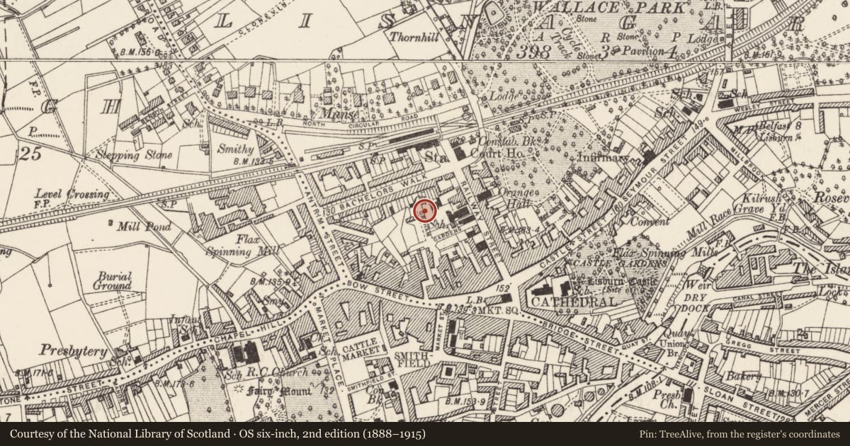 Ordnance Survey six-inch map, 2nd edition (1888–1915) covering the location of 11 Graham Gardens, Lisnagarvy, Lisburn and Castlereagh, with a pin at the register's coordinates