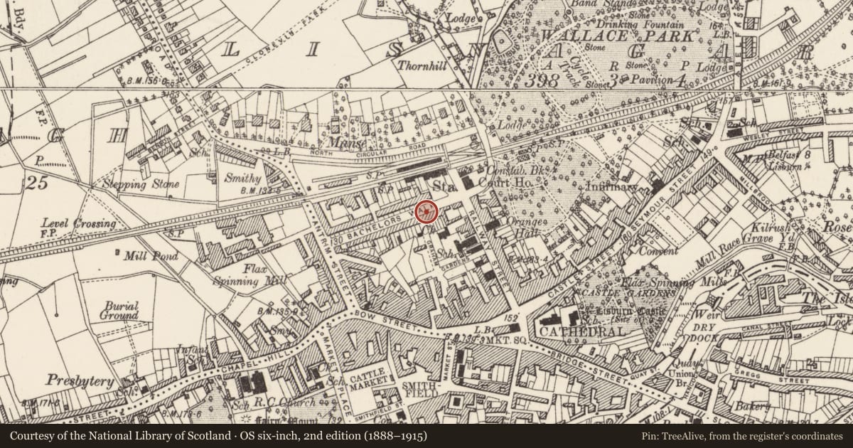 Ordnance Survey six-inch map, 2nd edition (1888–1915) covering the location of Terence McCourt Solicitors, Lisnargvy, Lisburn and Castlereagh, with a pin at the register's coordinates