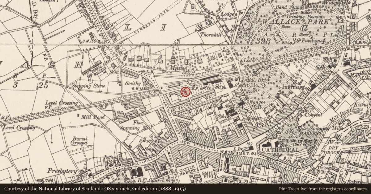 Ordnance Survey six-inch map, 2nd edition (1888–1915) covering the location of Voluntary Service Lisburn, Lisnagarvy, Lisburn and Castlereagh, with a pin at the register's coordinates