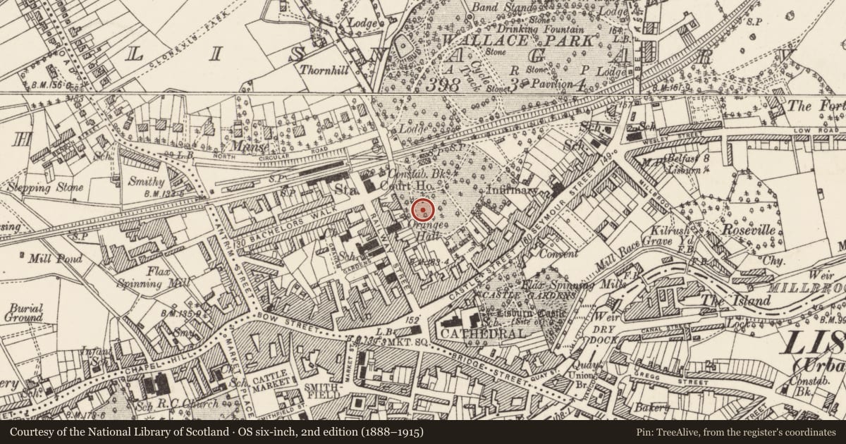 Ordnance Survey six-inch map, 2nd edition (1888–1915) covering the location of 1 Wallace Avenue, Lisnagarvy, Lisburn and Castlereagh, with a pin at the register's coordinates