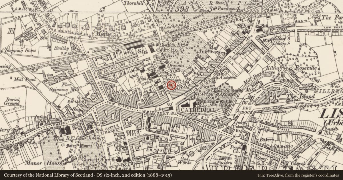 Ordnance Survey six-inch map, 2nd edition (1888–1915) covering the location of Calla Dental and Cosmetic Care, Lisnagarvy, Lisburn and Castlereagh, with a pin at the register's coordinates