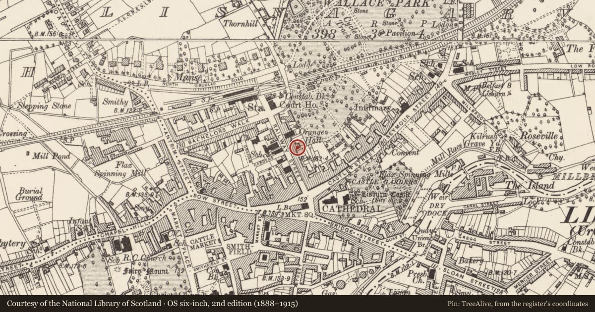 Ordnance Survey six-inch map, 2nd edition (1888–1915) covering the location of 28-30 Railway Street, Lisnagarvy, Lisburn and Castlereagh, with a pin at the register's coordinates