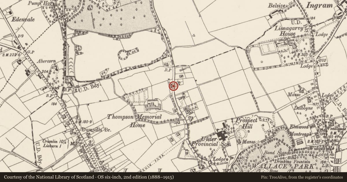 Ordnance Survey six-inch map, 2nd edition (1888–1915) covering the location of Maylena, Lisburn and Castlereagh, with a pin at the register's coordinates