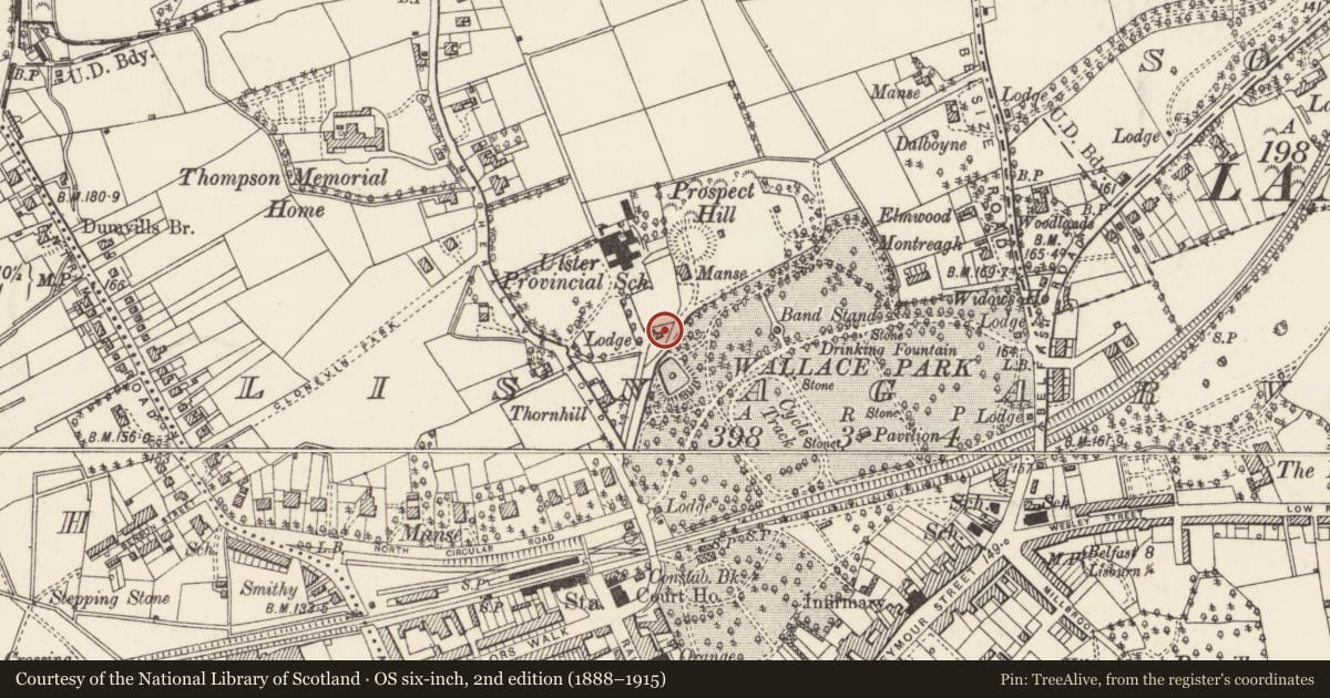 Ordnance Survey six-inch map, 2nd edition (1888–1915) covering the location of The Cottage, Lisburn and Castlereagh, with a pin at the register's coordinates