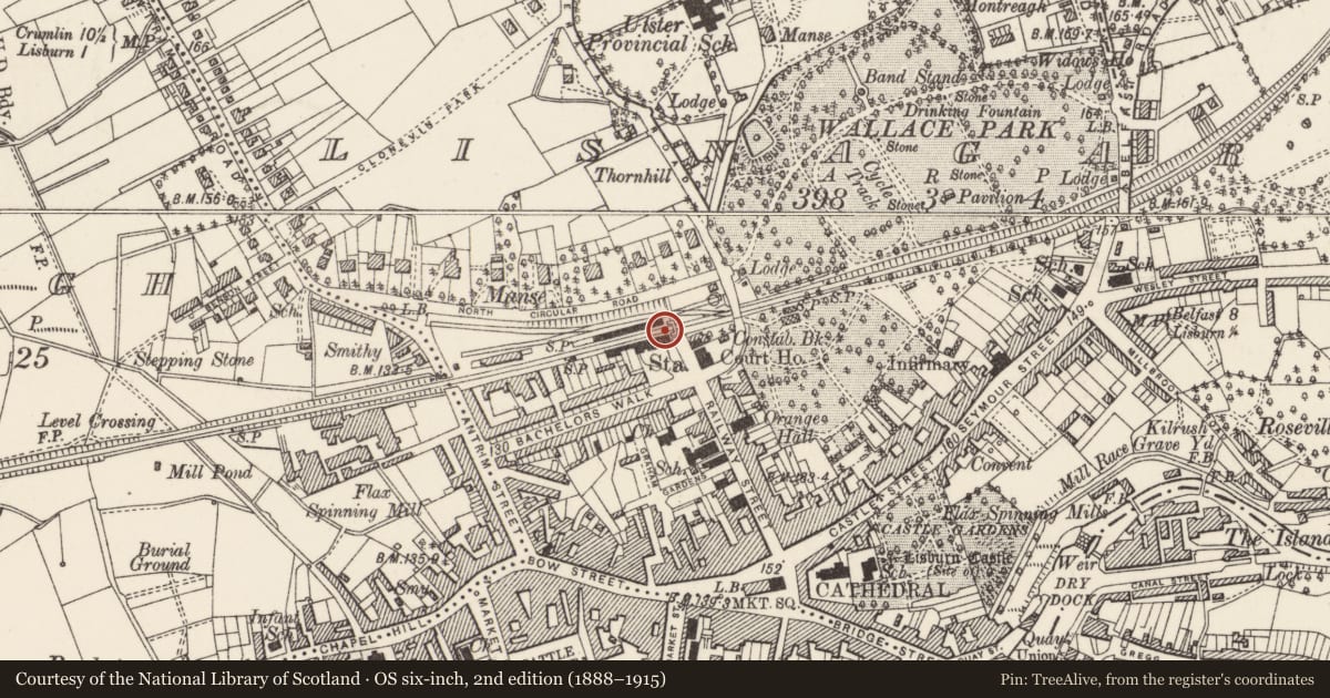 Ordnance Survey six-inch map, 2nd edition (1888–1915) covering the location of Lisburn Railway Station, Lisnagarvy, Lisburn and Castlereagh, with a pin at the register's coordinates