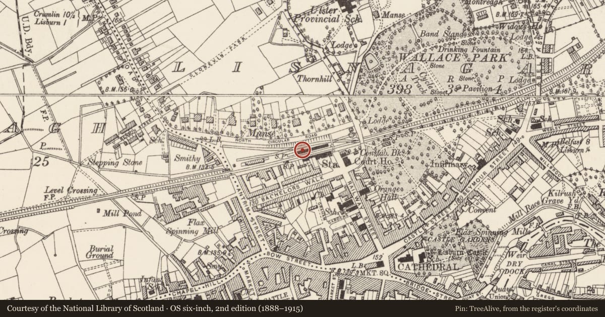 Ordnance Survey six-inch map, 2nd edition (1888–1915) covering the location of Signal Box, Lisnagarvy, Lisburn and Castlereagh, with a pin at the register's coordinates